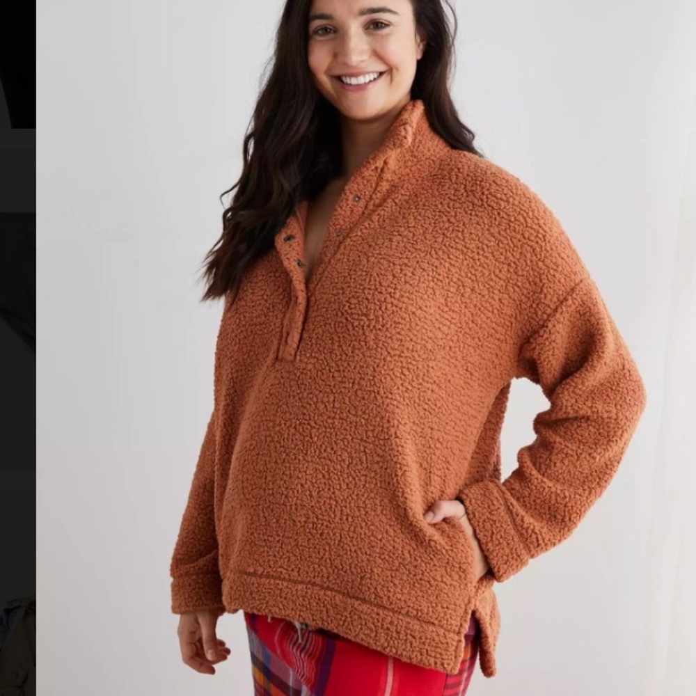 Aerie cloud Sherpa oversized pullover dune khaki tan snap fleece small teddy